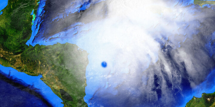 Hurricane Eta making Landfall in Nicaragua. Shot from Space. Elements of this 3D illustration are furnished by NASA.