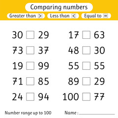 Obraz premium Comparing numbers. Less than, greater than, equal to. Number range up to 100. Elementary school. Worksheet for kids