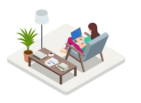 Isometric Business Woman Working At Home With Laptop And Papers On Desk. Freelance Or Studying Concept. Online Meeting Work Form Home. Home Office.