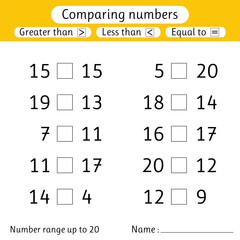 Comparing numbers. Less than, greater than, equal to. Worksheets for kids. Number range up to 20. Preschool, elementary school