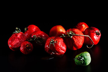 Bright spoiled tomatoes isolated on a black background, close-up. Violation of food storage conditions. unhealthy food with mold, expiration date