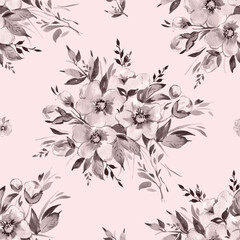 Abstract seamless pattern bouquets of wildflowers and herbs