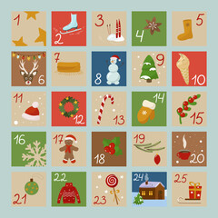 Advent calendar for Christmas. Dates from the first to the 25th on cards with new year's pictures. Vector.