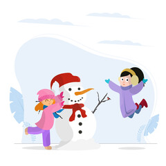Children make a snowman. Christmas concept. Element for your new year poster, banner, t-shirt or animation design. Snowman, children, vector illustration.