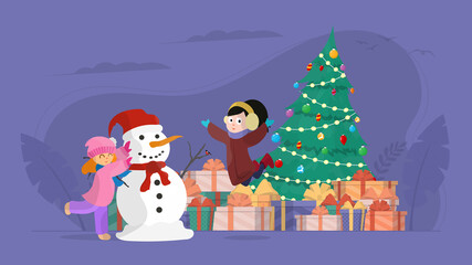 Children make a snowman. Christmas tree with garlands and gifts. Green coniferous tree. Gifts under the tree. Element for New Year's poster, banner, t-shirt or animation design. Vector illustration.