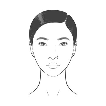 recommend clip art: Asian Woman face. Black and white line sketch front portrait