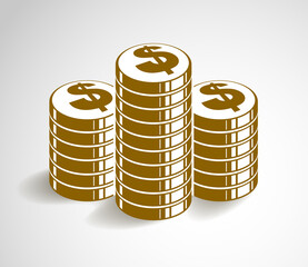 Coin stack cash money or casino chips still-life, vector icon, illustration or logo, revenue or taxes concept, pile of cents.