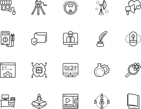 technology vector icon set such as: stroke, bioscience, circuit, exploration, timer, promotion, fly, increase, table, workplace, chair, image, megaphone, vacuum, meter, complex, feather, resistance