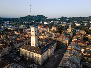 Obraz premium aerial view of city hall in lviv city
