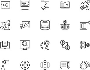 technology vector icon set such as: screen, speaker, monitoring, magnifying lens, pagoda, innovation, factory, e-book, coin, oven, stream, pharmacy, health, gold, tech, secure, vietnam, workflow