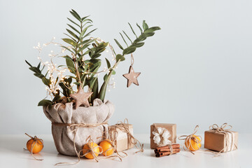 Houseplant Christmas tree. Sustainable gift boxes packed in paper, lace and twine. Eco Christmas...