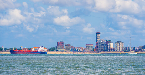 city scape of vlissingen with a boat sailing by, Breskens, Zeeland, The Netherlands