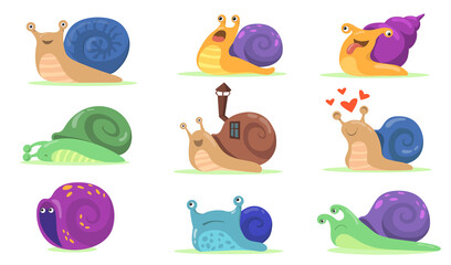 Funny snail characters flat set for web design. Cartoon snailfish, slug or snail-like mollusk with shell house isolated vector illustration collection. Mascot and animals concept © PCH.Vector