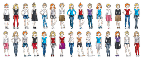 Fototapeta na wymiar Women in casual wear vector illustrations isolated on white background big set, attractive adult girls beautiful and slim curvy body cute characters standing full length, gorgeous diverse females.