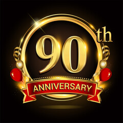 90th anniversary logo with golden ring, balloons and red ribbon. Vector design template elements for your birthday celebration.