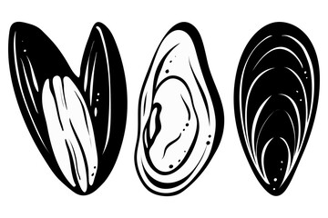Set of mussels, icon style. Hand drawn vector