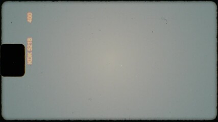 Authentic Super 8 Film Frame Scan with black sprocket hole, Light Leaks and Film Grain. Abstract orange text overlay. Retro vintage look. Noise grain and scratches seamless texture. Torn Edges - Powered by Adobe