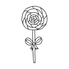 Spiral Lollipop with a Doodle-style bow. The sketch is hand-drawn and isolated on a white background. Element of new year and Christmas design. Outline drawing. Black-white vector illustration