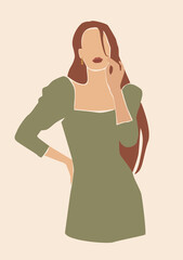 Abstract woman portrait in green dress with red long hair. Fashion white skin girl face.	
