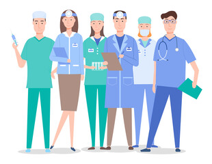 Cartoon characters, medical staff. Otolaryngologist woman and man with reflector, surgeons and assistants with syringe and test tubes. Medical help. Group of doctors, professional medical specialists