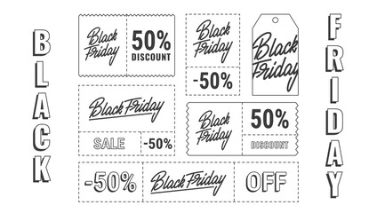 Black Friday sale coupons set. Black Friday design with lettering