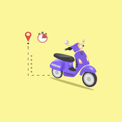 Fototapeta na wymiar Online delivery service , online order tracking, delivery home and office. Scooter delivery. Shipping. Man on the bike with mask. Vector illustration
