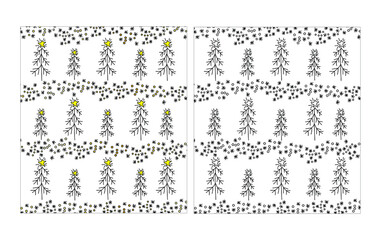 Artistic vector illustration. Drawn Christmas trees. Can be used as coloring book and greeting card. Christmas trees are hand-drawn. Color: white, black, yellow and gold