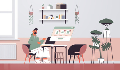 man choosing goods on laptop screen online shopping cyber monday big sale holiday discounts e-commerce concept living room interior full length horizontal vector illustration