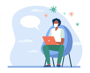 Man in mask using laptop for online chat with doctor. Video call, medical consultation flat vector illustration. Covid, epidemic, help concept for banner, website design or landing web page