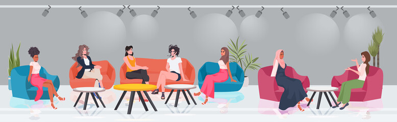 mix race women discussing during meeting in conference area female empowerment movement girl power union of feminists concept horizontal full length vector illustration