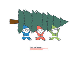 Happy elf carrying Christmas tree with loading bar, countdown concept, hand-drawn line art style vector illustration.