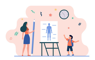 Schoolboy saying anatomy lesson. Teacher with pencil, human body model on whiteboard flat vector illustration. School, class, education concept for banner, website design or landing web page