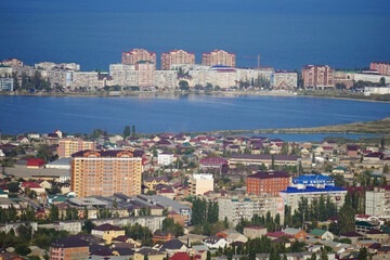 View of the city. View from Tarki-Tau mountain to the city and the Caspian Sea
