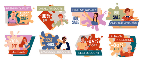 Set of advertising slogans about sales, discounts, promotions. People are encouraged to shop. Market trick. Black friday, weekend sale, best discount, special offer. Product promotion, sales increase