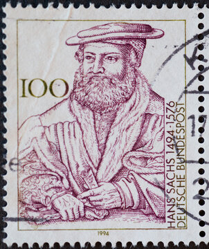 GERMANY - CIRCA 1994 : a postage stamp from Germany, showing a portrait of the Nuremberg shoemaker, poet, master singer and playwright Hans Sachs (1494–1576) for his 500th birthday
