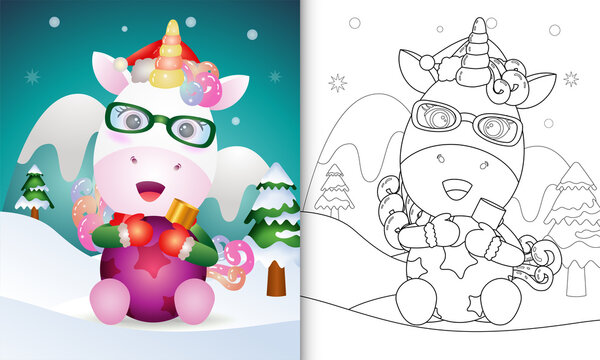 coloring book with a cute unicorn hug christmas ball