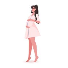 young pregnant woman holding her belly pregnancy motherhood concept female cartoon character standing pose full length vector illustration
