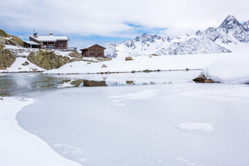 Autumn at mountainous Lac Blanc refuge in Chamonix French Alps