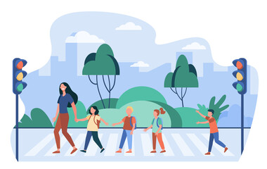 School children and teacher crossing street. Pedestrians, kids, traffic light flat vector illustration. Crosswalk, safety, warning concept for banner, website design or landing web page