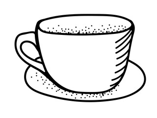 Hand drawn vector illustration of cup and saucer. Doodle style sketch.