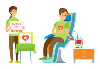 Man transfusing blood, woman standing with poster donate to orphans, people volunteers caring, assistance support, charity element, volunteering vector