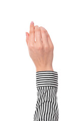 A woman's hand points to something. Isolated on white background.