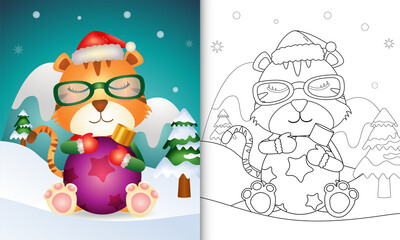 coloring book with a cute tiger hug christmas ball
