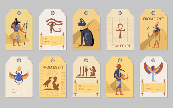 From Egypt tags set. Egyptian pyramids, cats, gods, scarab vector illustrations with space for text. Templates for greeting cards, postcards, labels