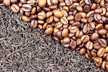 Background from coffee beans and dried tea