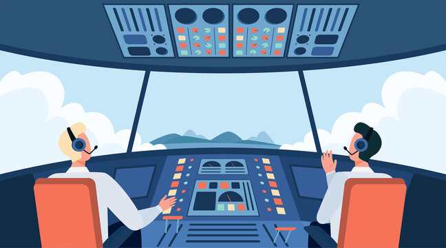 Colorful airplane cockpit isolated flat vector illustration. Two cartoon pilots sitting inside plane cabin in front of control panel. Flight crew and aircraft concept