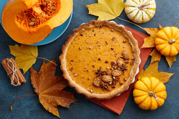 Traditional pumpkin pie for Thanksgiving day. Holiday dessert.