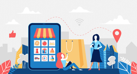 Online shopping concept vector illustration. Cartoon buyer woman character sitting next to big smartphone with online store on screen, customer buying and using mobile shop app in phone background