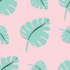 Tropical vector green palm leaves seamless pattern pink background. Exotic wallpaper. Wallpaper for baby room.