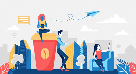 Coffee break concept vector illustration. Cartoon business people have rest in office, using mobile phone for networking during break time, big coffee cup and tiny colleague characters background